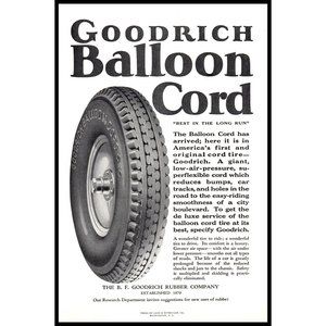 1924 BF Goodrich Rubber Company Balloon Cord Tire Vintage Print Ad Wall Art
